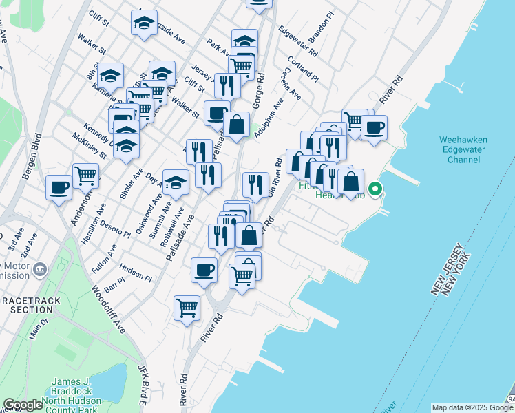 map of restaurants, bars, coffee shops, grocery stores, and more near 342 Old River Road in Edgewater