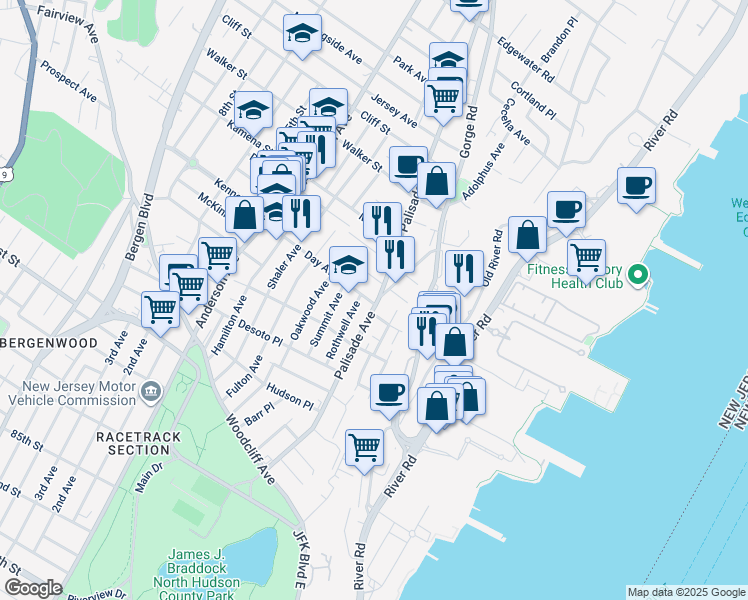map of restaurants, bars, coffee shops, grocery stores, and more near 214 Riverview Place in Cliffside Park