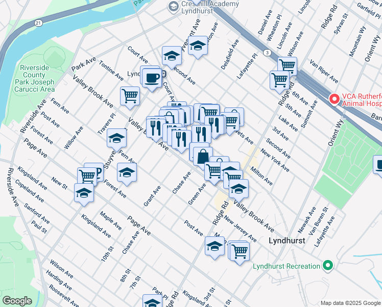 map of restaurants, bars, coffee shops, grocery stores, and more near 439 Valley Brook Avenue in Lyndhurst