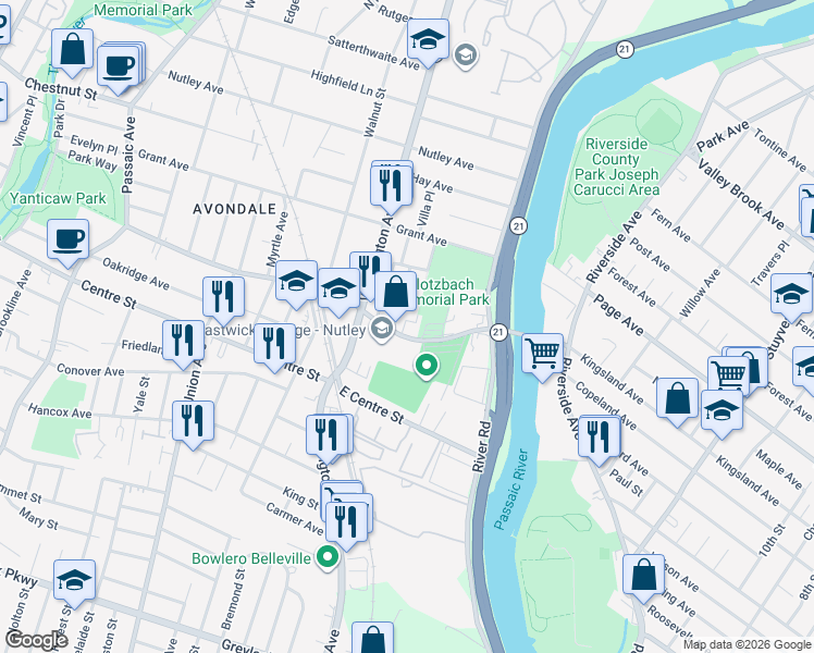 map of restaurants, bars, coffee shops, grocery stores, and more near 26 Humbert Street in Nutley