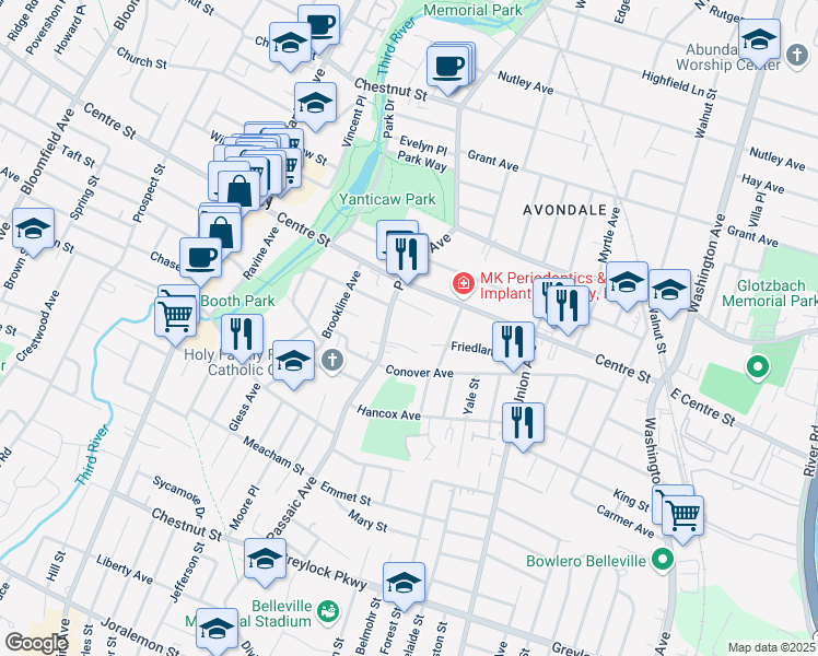 map of restaurants, bars, coffee shops, grocery stores, and more near 26 Ideal Court in Nutley