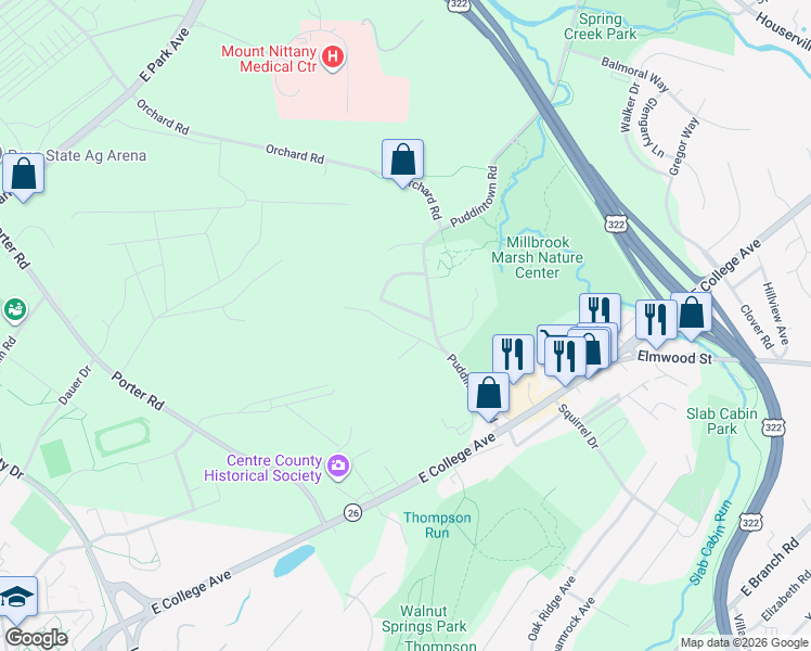 map of restaurants, bars, coffee shops, grocery stores, and more near 137 Bathgate Drive in State College