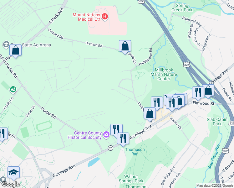 map of restaurants, bars, coffee shops, grocery stores, and more near 165 Lenor Drive in State College