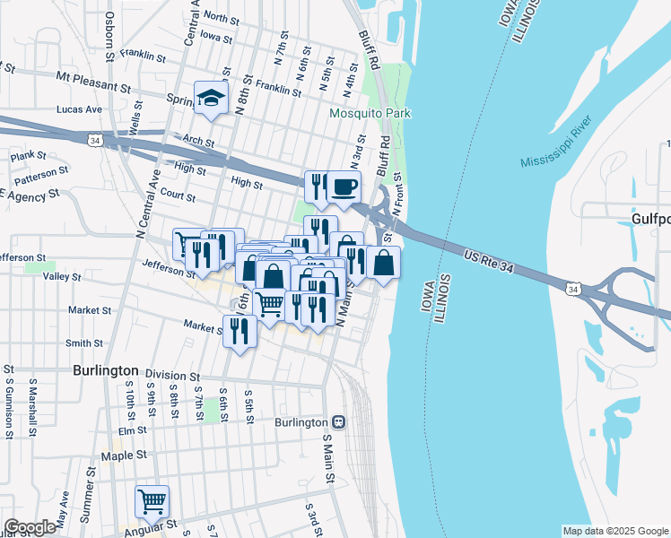 map of restaurants, bars, coffee shops, grocery stores, and more near 501 North 3rd Street in Burlington