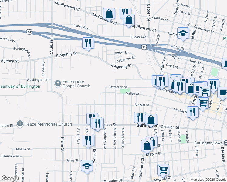 map of restaurants, bars, coffee shops, grocery stores, and more near 1500 Jefferson Street in Burlington