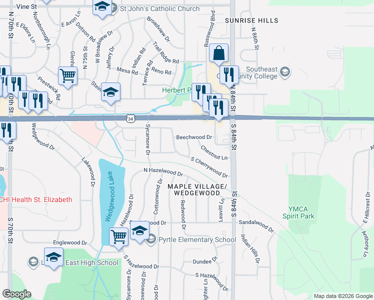 map of restaurants, bars, coffee shops, grocery stores, and more near 8107 Beechwood Drive in Lincoln