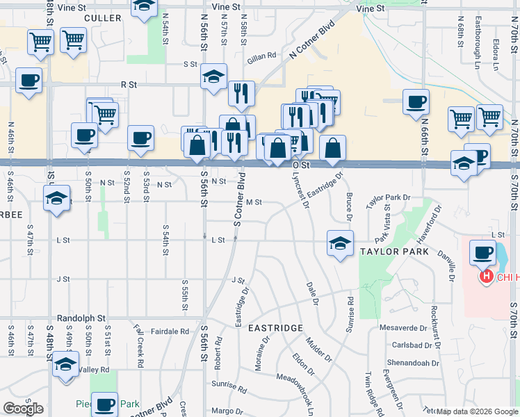 map of restaurants, bars, coffee shops, grocery stores, and more near 5750 M Street in Lincoln