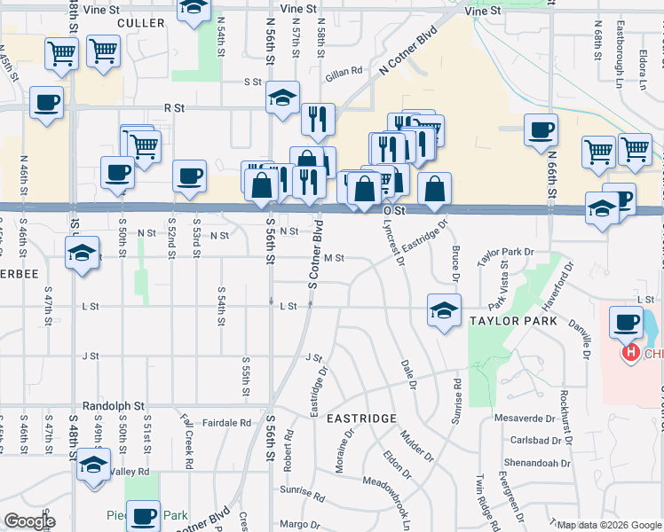 map of restaurants, bars, coffee shops, grocery stores, and more near 5750 M Street in Lincoln