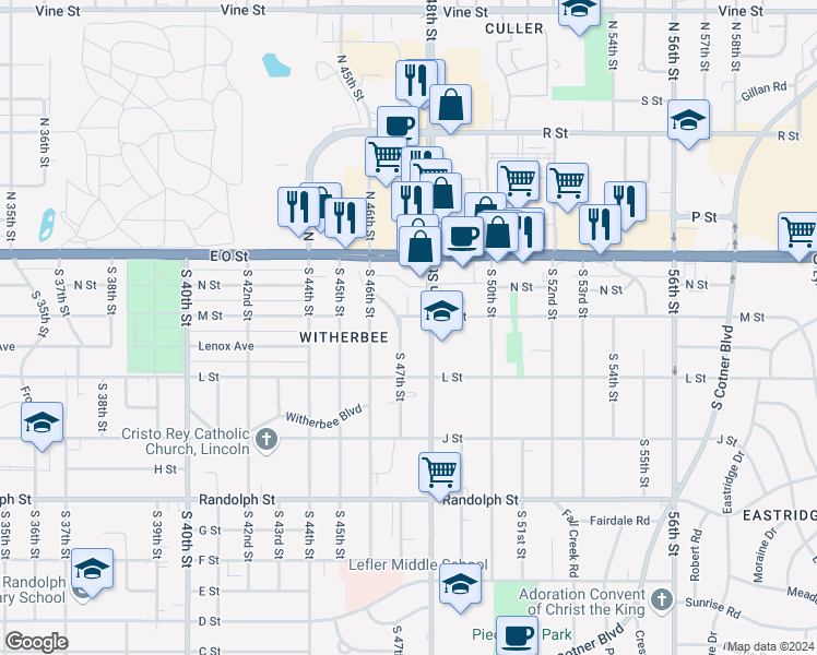 map of restaurants, bars, coffee shops, grocery stores, and more near 235 South 48th Street in Lincoln