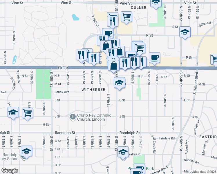 map of restaurants, bars, coffee shops, grocery stores, and more near 4643 M Street in Lincoln
