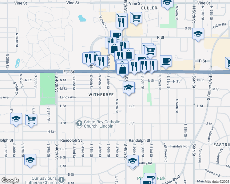map of restaurants, bars, coffee shops, grocery stores, and more near 4643 M Street in Lincoln