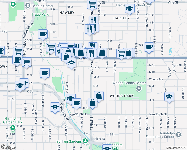 map of restaurants, bars, coffee shops, grocery stores, and more near 215 South 27th Street in Lincoln