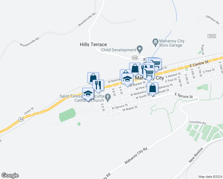 map of restaurants, bars, coffee shops, grocery stores, and more near 507 West Market Street in Mahanoy City
