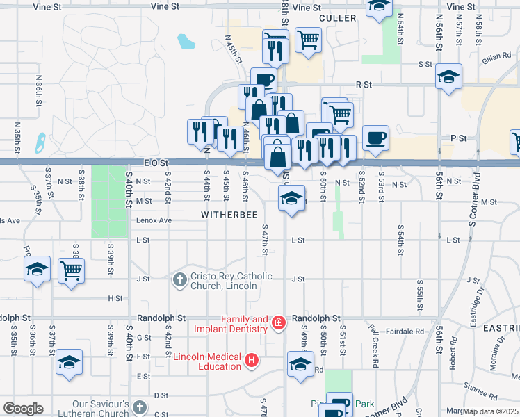 map of restaurants, bars, coffee shops, grocery stores, and more near 4643 M Street in Lincoln