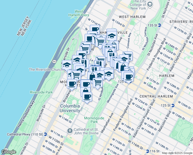 map of restaurants, bars, coffee shops, grocery stores, and more near 1274 Amsterdam Avenue in New York