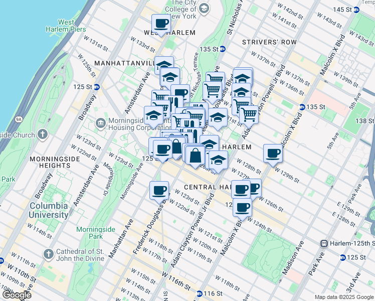 map of restaurants, bars, coffee shops, grocery stores, and more near 2359 Frederick Douglass Boulevard in New York