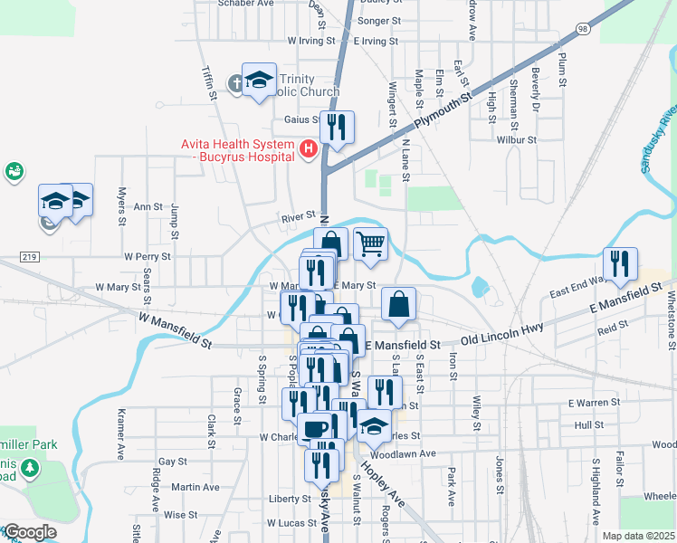 map of restaurants, bars, coffee shops, grocery stores, and more near 116 East Perry Street in Bucyrus