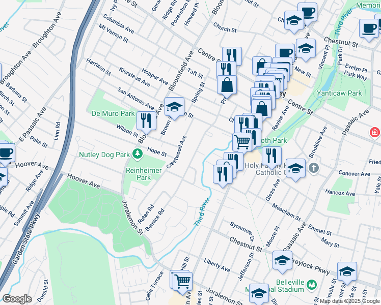 map of restaurants, bars, coffee shops, grocery stores, and more near 95 Prospect Street in Nutley