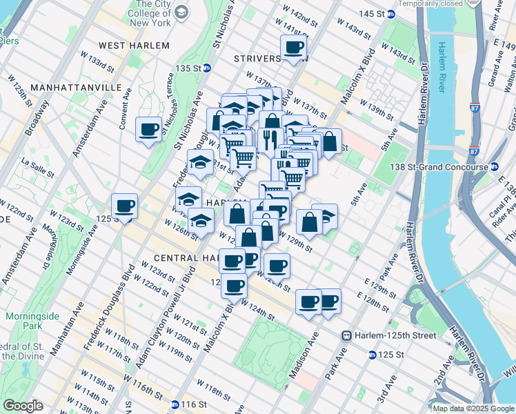 map of restaurants, bars, coffee shops, grocery stores, and more near 126 West 131st Street in New York