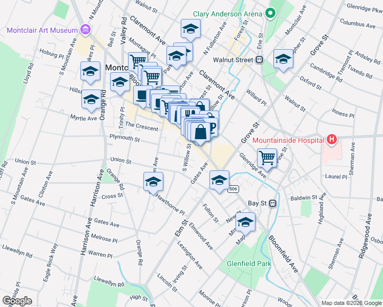 map of restaurants, bars, coffee shops, grocery stores, and more near 3 South Willow Street in Montclair