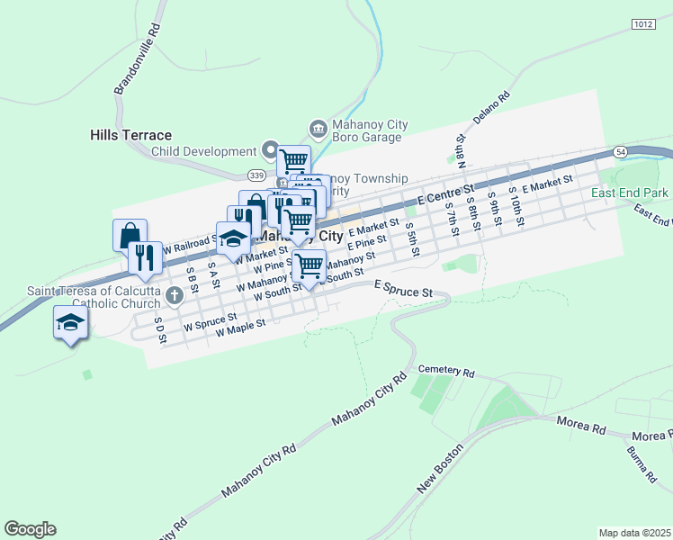map of restaurants, bars, coffee shops, grocery stores, and more near 108 East Mahanoy Street in Mahanoy City