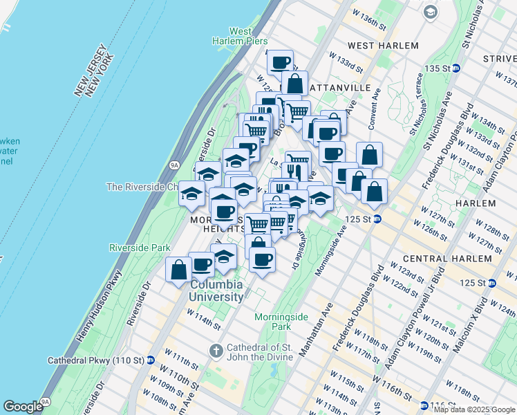 map of restaurants, bars, coffee shops, grocery stores, and more near 543 West 122nd Street in New York