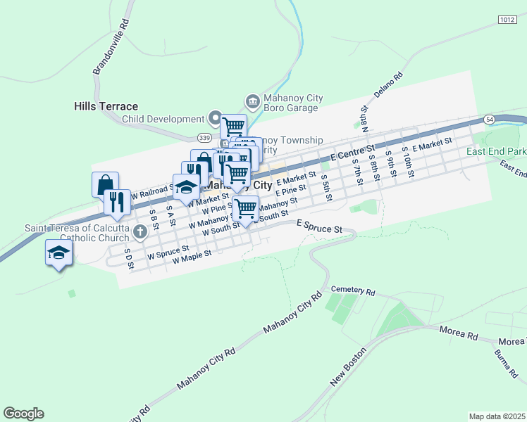 map of restaurants, bars, coffee shops, grocery stores, and more near 100 East Mahanoy Street in Mahanoy City