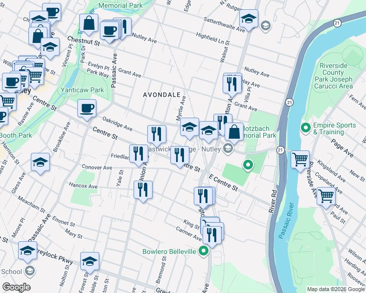 map of restaurants, bars, coffee shops, grocery stores, and more near 15 Lafayette Place in Nutley