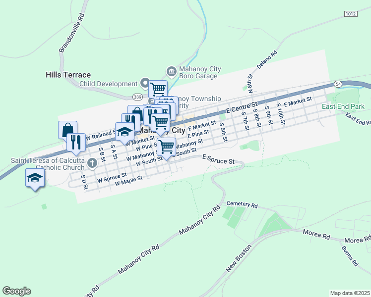 map of restaurants, bars, coffee shops, grocery stores, and more near 124 East Mahanoy Street in Mahanoy City