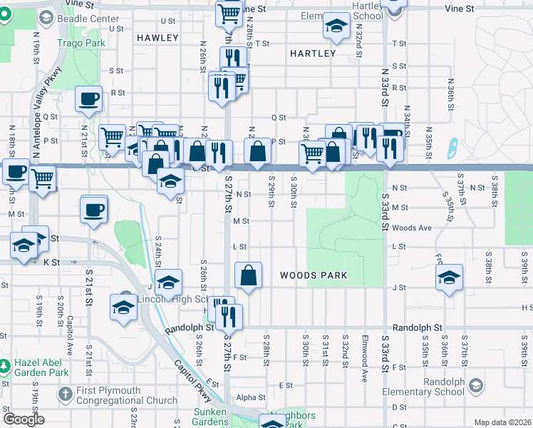 map of restaurants, bars, coffee shops, grocery stores, and more near 247 South 29th Street in Lincoln