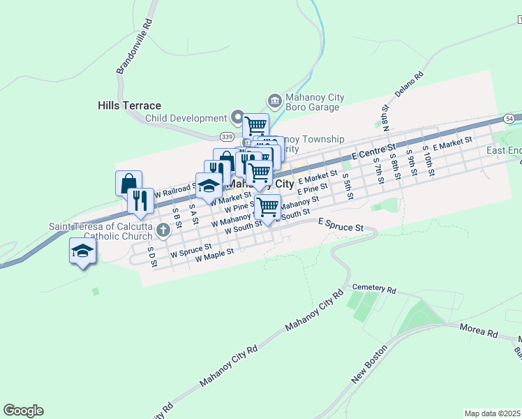 map of restaurants, bars, coffee shops, grocery stores, and more near 54 South Main Street in Mahanoy City