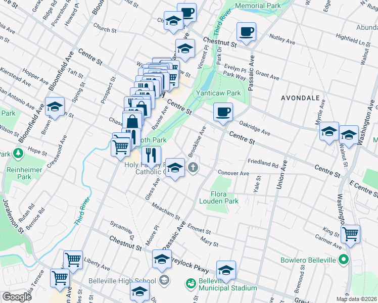 map of restaurants, bars, coffee shops, grocery stores, and more near 79 Evergreen Avenue in Nutley