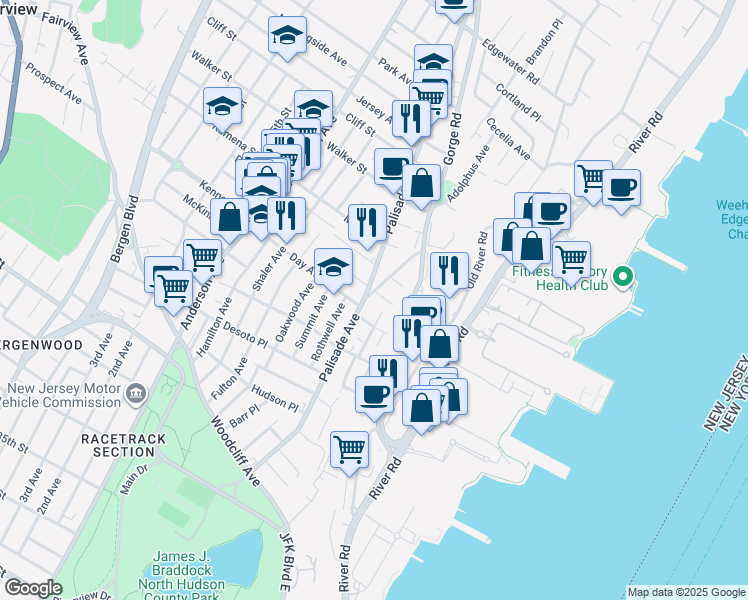 map of restaurants, bars, coffee shops, grocery stores, and more near 220 Palisade Avenue in Cliffside Park