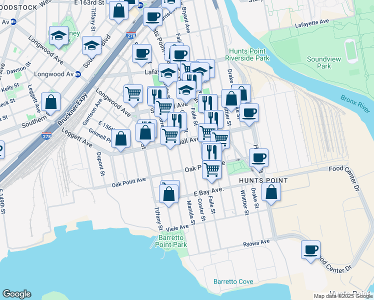 map of restaurants, bars, coffee shops, grocery stores, and more near in Bronx