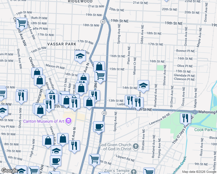 map of restaurants, bars, coffee shops, grocery stores, and more near 1350 Cherry Avenue Northeast in Canton