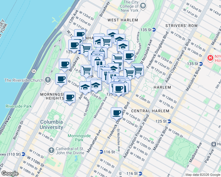 map of restaurants, bars, coffee shops, grocery stores, and more near 133 Morningside Avenue in New York