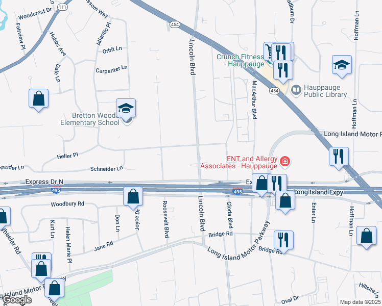 map of restaurants, bars, coffee shops, grocery stores, and more near 247 Atlantic Place in Hauppauge