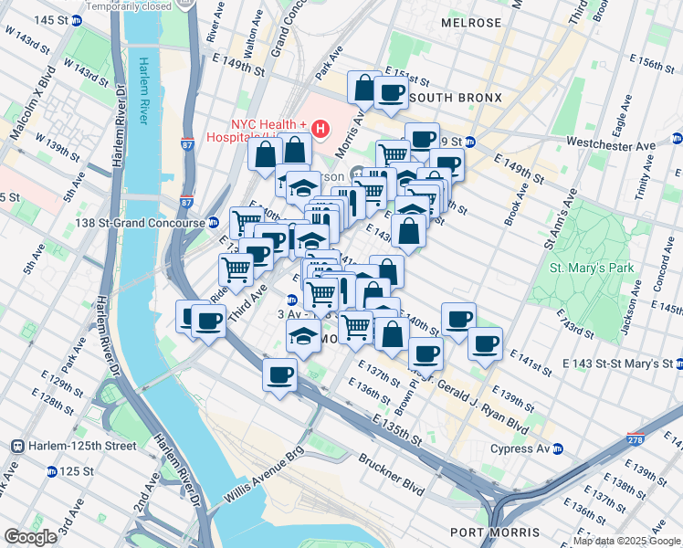 map of restaurants, bars, coffee shops, grocery stores, and more near 314 East 141st Street in Bronx