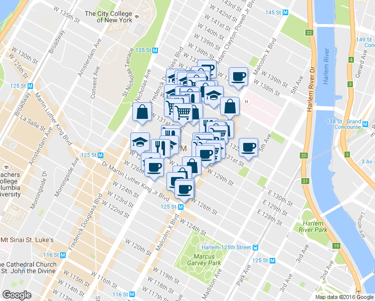 map of restaurants, bars, coffee shops, grocery stores, and more near 2201 Adam Clayton Powell Junior Boulevard in New York