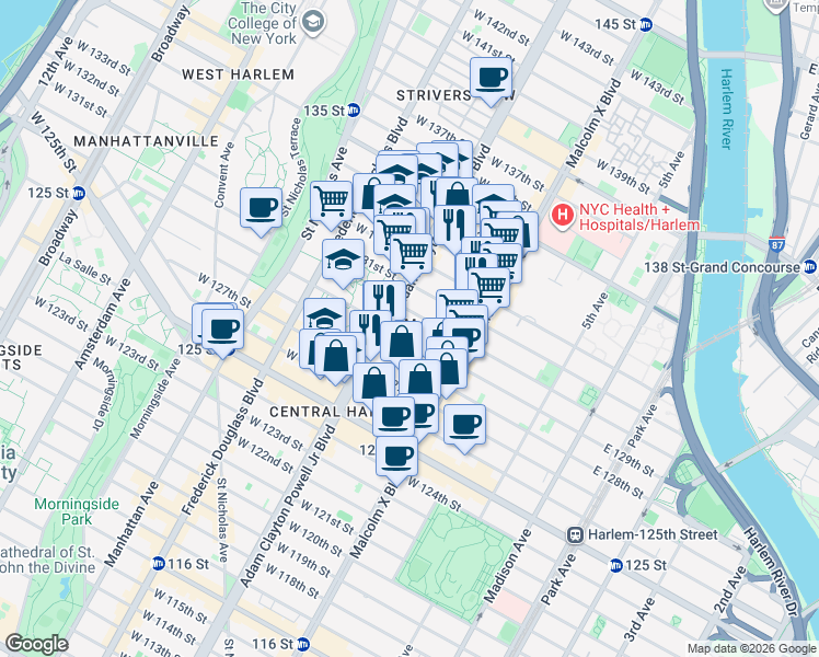 map of restaurants, bars, coffee shops, grocery stores, and more near 2201 Adam Clayton Powell Junior Boulevard in New York