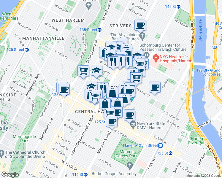 map of restaurants, bars, coffee shops, grocery stores, and more near 2201 Adam Clayton Powell Junior Boulevard in New York