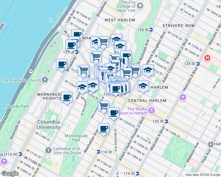 map of restaurants, bars, coffee shops, grocery stores, and more near 379 West 125th Street in New York