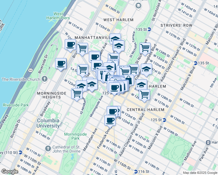 map of restaurants, bars, coffee shops, grocery stores, and more near 371 West 126th Street in New York