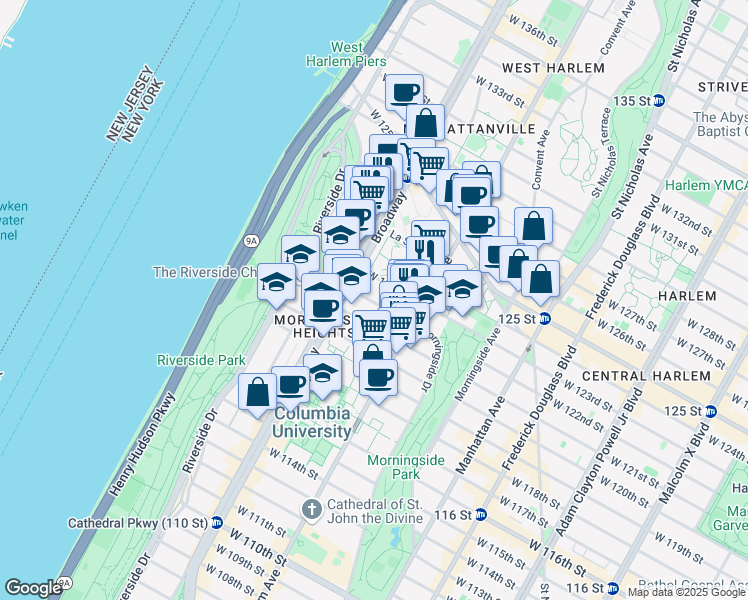 map of restaurants, bars, coffee shops, grocery stores, and more near 3080 Broadway in New York