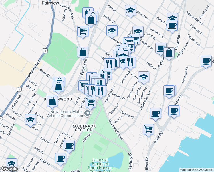 map of restaurants, bars, coffee shops, grocery stores, and more near 70 Anderson Avenue in Fairview