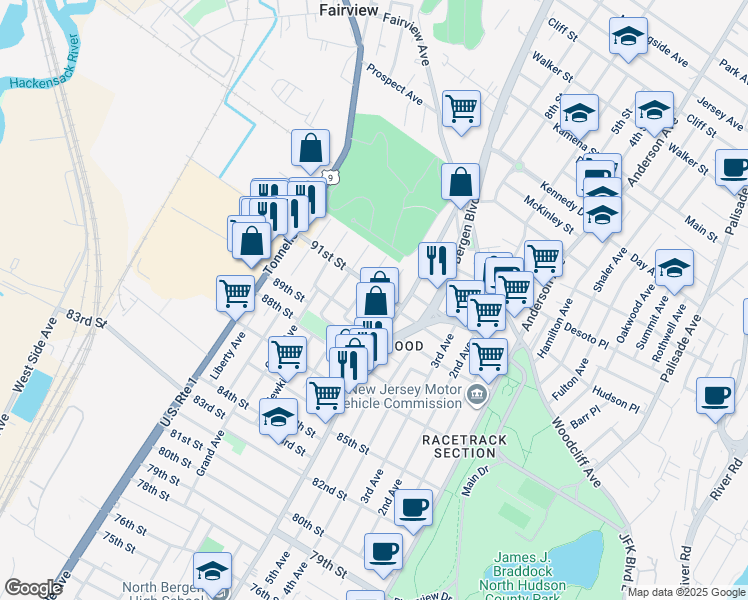 map of restaurants, bars, coffee shops, grocery stores, and more near 1212 91st Street in North Bergen
