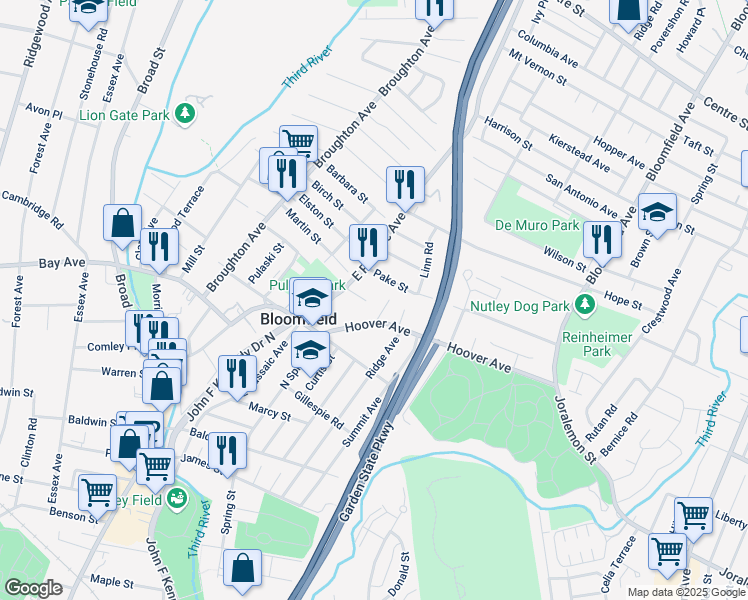 map of restaurants, bars, coffee shops, grocery stores, and more near 169 Pake Street in Nutley
