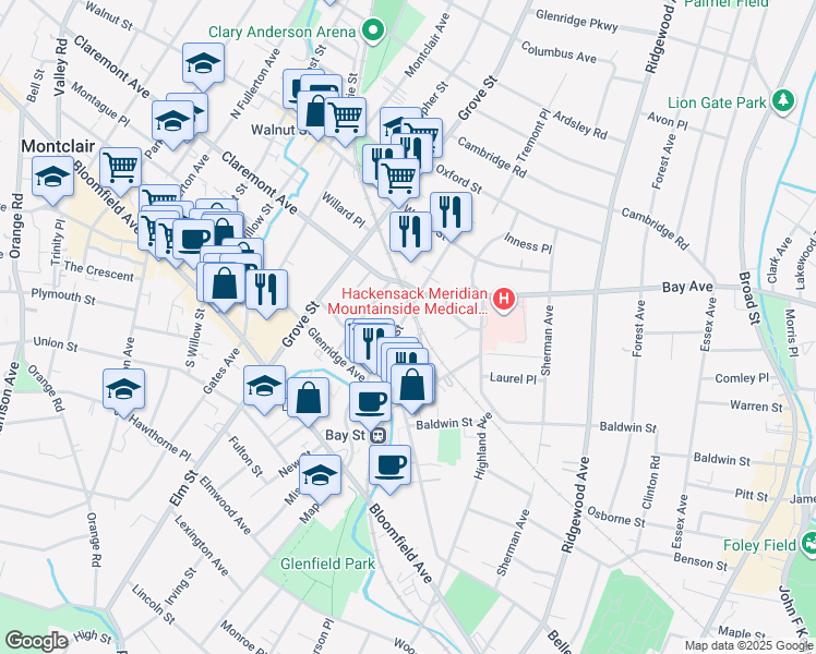 map of restaurants, bars, coffee shops, grocery stores, and more near 112 Pine Street in Montclair