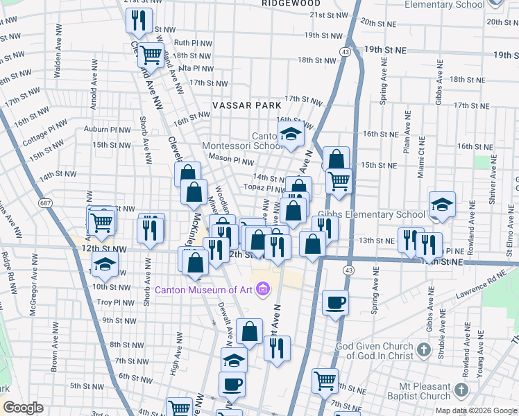 map of restaurants, bars, coffee shops, grocery stores, and more near 1335 Logan Avenue Northwest in Canton