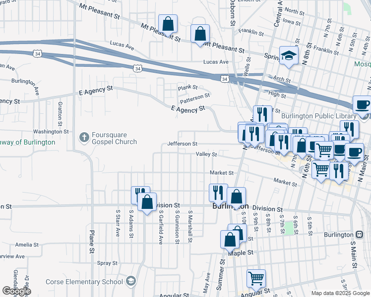 map of restaurants, bars, coffee shops, grocery stores, and more near 1500 Jefferson Street in Burlington